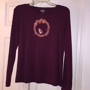 Cotton long sleeve t-shirt wreath w/ bird